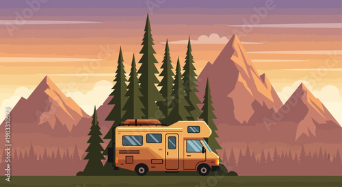 Yellow camper van on the road.