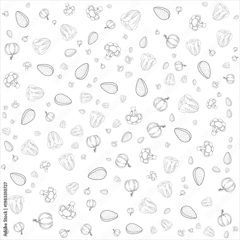 Fototapeta premium Seamless Hand Drawn Pattern with Pumpkin, Bell Pepper, Broccoli and Seeds Monochrome Vegetable Line Art