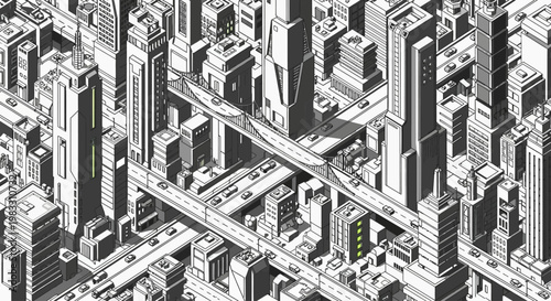 Black and white city skyscrapers buildings.