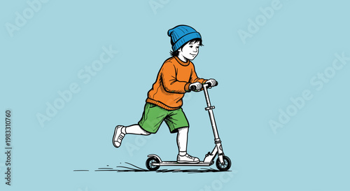 Boy Riding a Scooter Outdoors Freely.