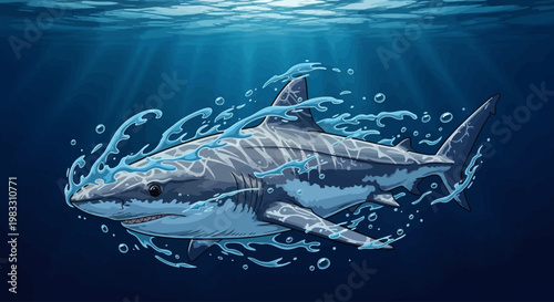 Large gray shark swimming underwater ocean.