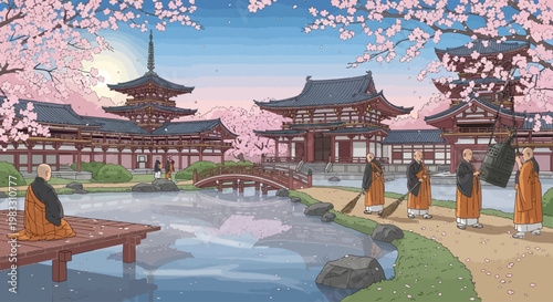 Buddhist Monks Walking by Water Pond.