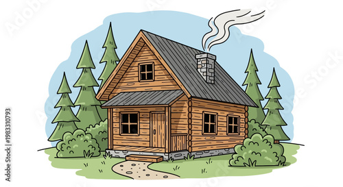 Small wooden house in forest.