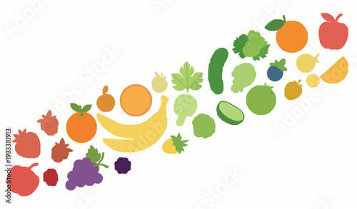 Colorful fruit and vegetable rainbow collection flat cartoon vector berries organic food set