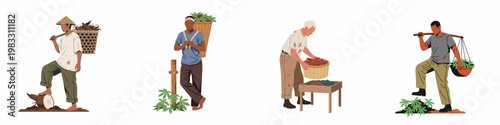 Set of flat vector illustrations depicting diverse male farmers harvesting crops such as cassava and greens, symbolizing agricultural labor and food production.