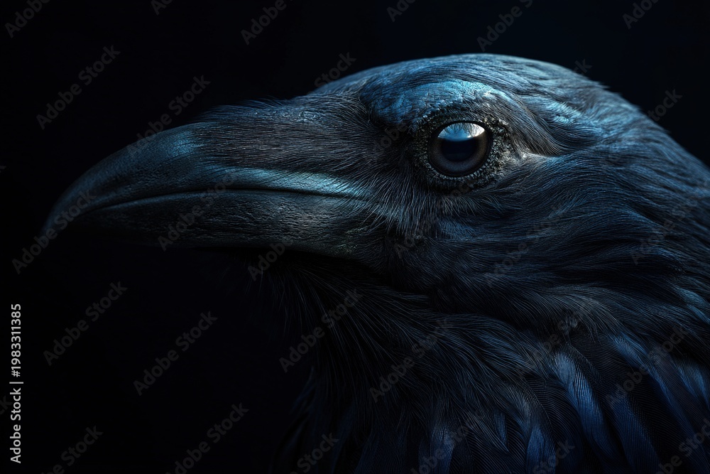 Naklejka premium Close-up portrait of crow with dark blue tones and dramatic lighting