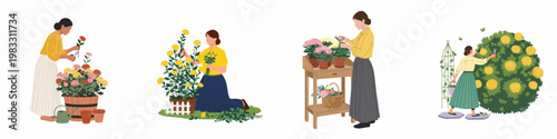 Set of flat vector illustrations depicting women engaged in various gardening and floristry activities like pruning, arranging, and caring for blooming plants.