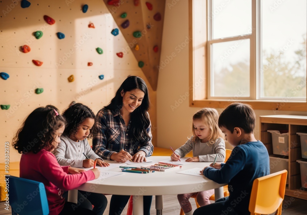 Obraz premium A woman and four children sitting at a table coloring with crayons in a classroom