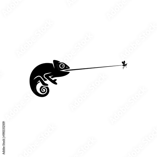 Minimalist Black Chameleon Catching Insect with Long Tongue