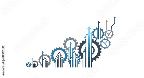Business growth, finance, and industry icons, gear and chart symbols, blue and gray vector graphics