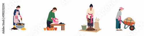 Set of female characters working in agriculture, including soil preparation, planting, and transporting grain in a wheelbarrow, on white background.
