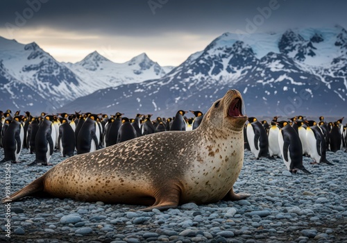 A large seal lies on a rocky beach with a group of penguins and snowcapped mountains