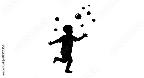 Silhouette of a child joyfully reaching for bubbles floating in the air.