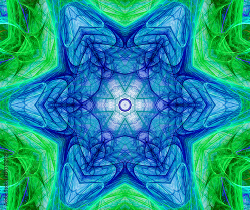 Seamless abstract fractal pattern. Blue openwork hexagonal star on a green openwork dynamic background. 3D rendering. 3D illustration.