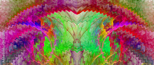 Abstract fractal colorful wavy pattern. Bright multi-colored sine waves create a dome over a light green object. Abstract background for design. 3D rendering. 3D illustration.