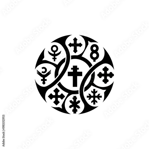 Black and White Circle with Religious and Astrology Symbols