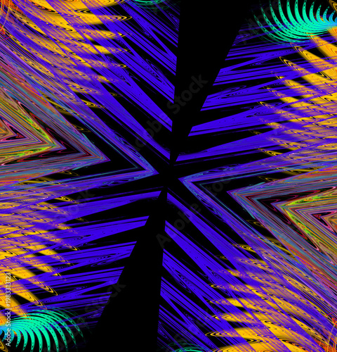 Abstract fractal pattern. On a black background, blue zigzag lines form a cross, which is superimposed on wavy yellow and turquoise wavy shapes reminiscent of leaves. 3D rendering. 3D illustration.