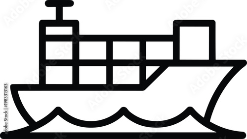 Black and white cargo ship icon with stacked containers and stylized waves, minimalistic design symbolizing maritime transport, global trade, and ocean freight shipping