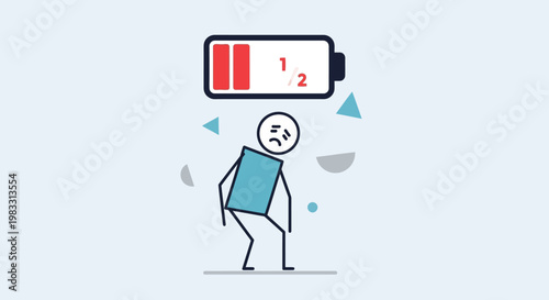 Low battery icon symbolizing exhaustion and low energy levels with a sad stick figure illustration