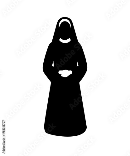 Nun silhouette kneeling, praying, expressing devotion and faith