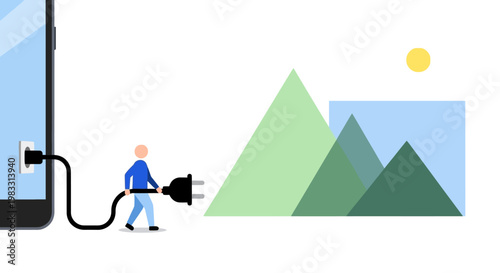 Illustration of a person plugging a phone into a power outlet to charge, with abstract green mountains in the background under a sun
