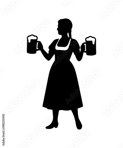 Oktoberfest waitress silhouette holding two beer mugs
