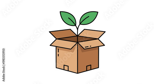 Eco-Friendly Growth Concept A Fresh Plant Sprouting from a Cardboard Delivery Box, Symbolizing Sustainable Packaging, New Beginnings, and Environmental Responsibility in Business and Logistics