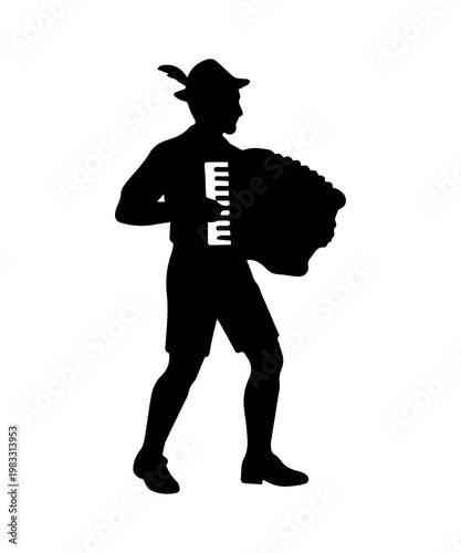 Musician playing accordion in traditional bavarian costume silhouette