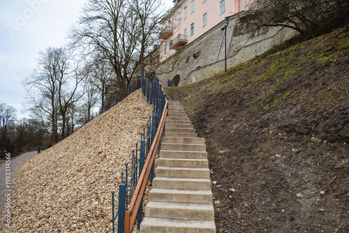 Concrete Public Stairs with Railing on Hillside with Mulch Cover
