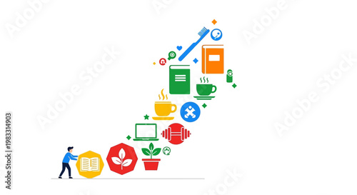 Comprehensive concept illustration of daily life elements, personal routine, and well-being journey, featuring diverse icons representing habits and growth