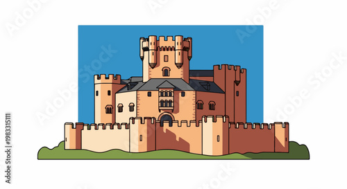 A pixelated, cartoon-like illustration of a grand medieval castle