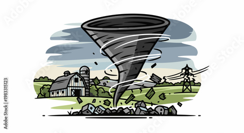 A powerful tornado wreaks havoc on a rural farm with a barn and silo