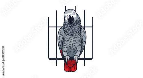 A pixelated gray parrot with red tail feathers sits on a cage bar