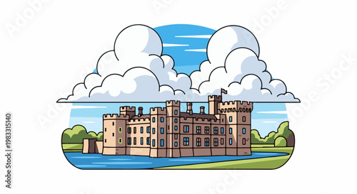 A quaint cartoon castle with crenellated towers sits on a moat, under fluffy clouds