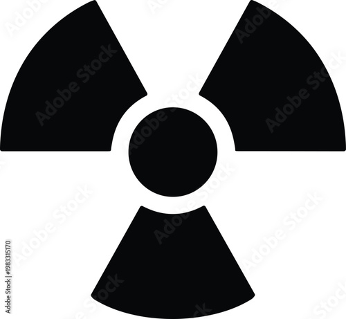 Black radiation hazard icon with central circle and three triangular shapes, minimalistic design symbolizing radioactive materials, ionizing radiation, and safety warning