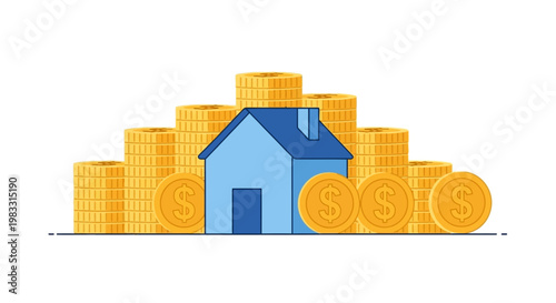 Financial Growth and Wealth Accumulation - A House Symbol Surrounded by Stacks of Gold Coins