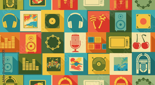Colorful music and audio icons collage.