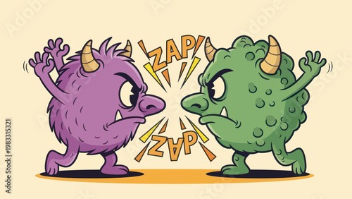 Two cartoon monsters fighting each other.
