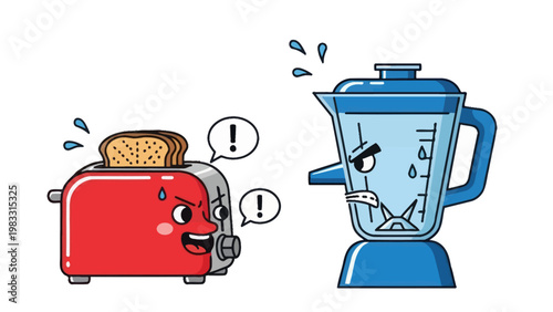 Cartoon toaster and blender characters arguing.