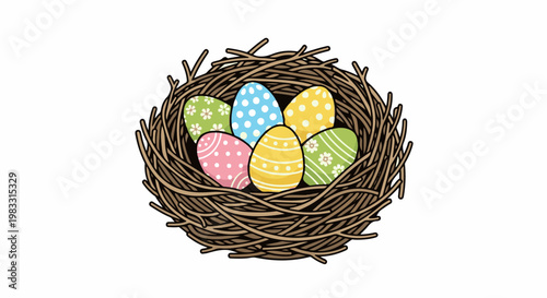 A bird's nest filled with colorful patterned Easter eggs