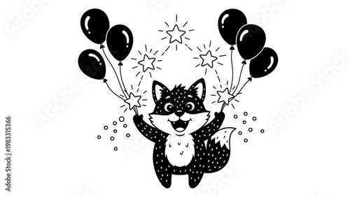 Black and white cartoon raccoon holding balloons.