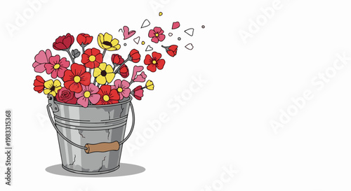 A bucket overflowing with colorful flowers and petals scattering
