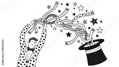 Magician pulling ribbons from hat.