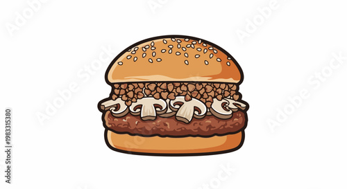 A cartoon hamburger with a beef patty, mushrooms, and buckwheat