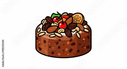 A cartoon-style, round fruitcake topped with nuts, cherries, and orange slice