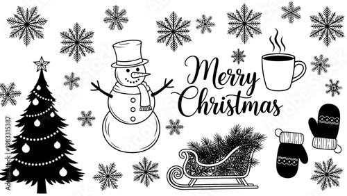 Snowman in winter holiday scene.