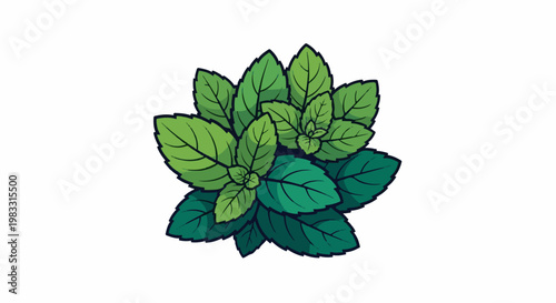 A cluster of vibrant green leaves with dark outlines and subtle shading