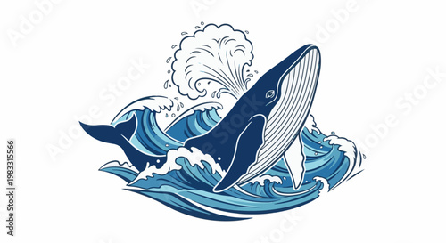 A dark blue whale breaches through stylized blue waves, with water spraying upwards