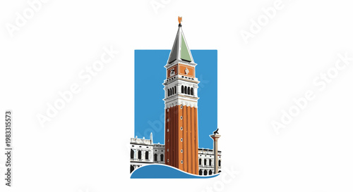 An artistic representation of a tall, orange, historic bell tower with a pointed green roof against a blue sky