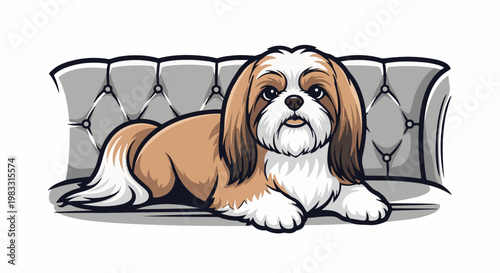 A cute cartoon shih tzu dog with long fur relaxes on a tufted sofa